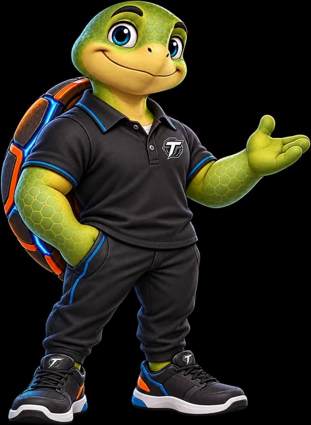 Tech Turtle mascot presenting a sample website