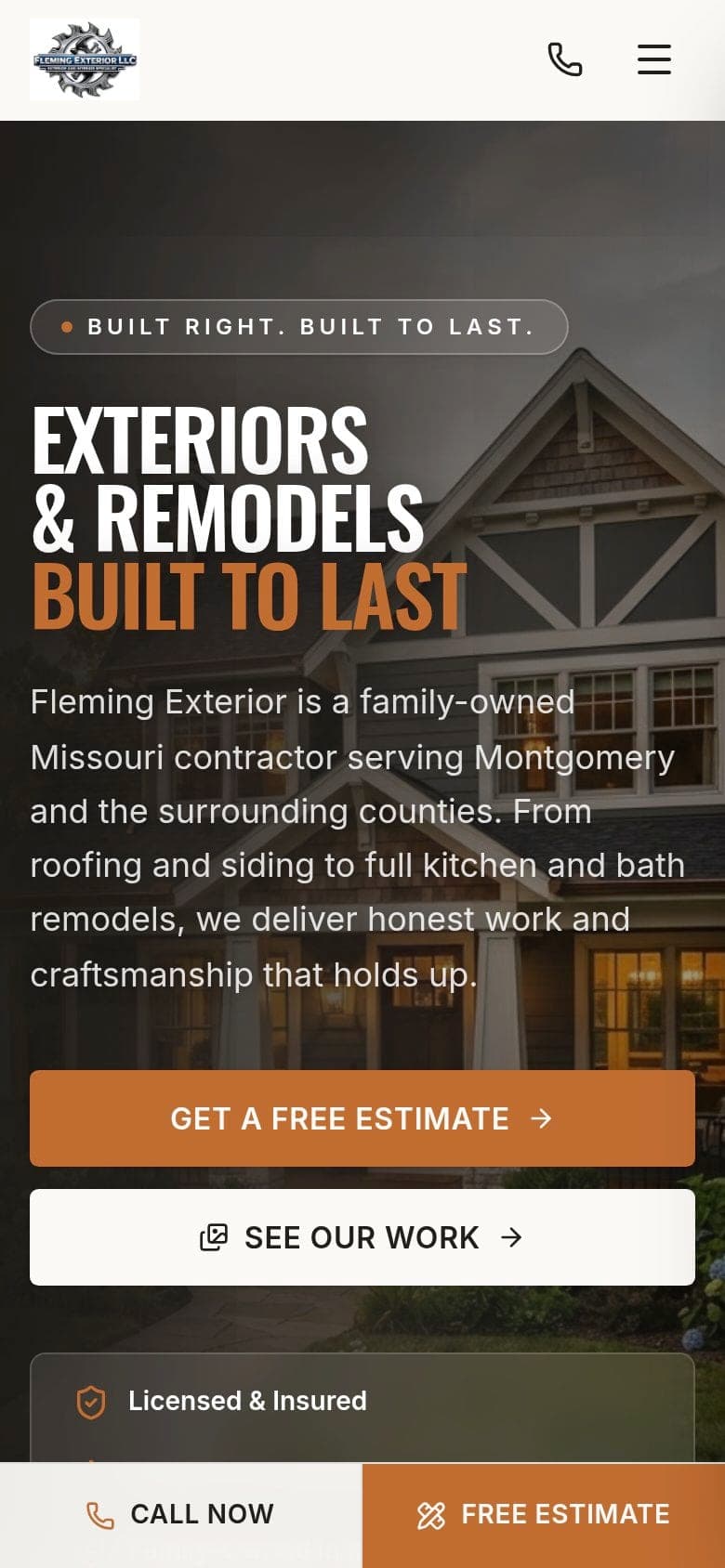 Fleming Exterior LLC website on a phone