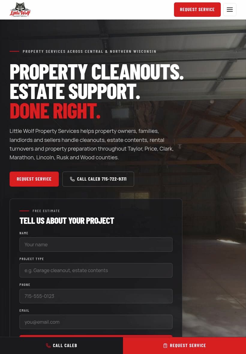 Little Wolf Property Services website on a tablet
