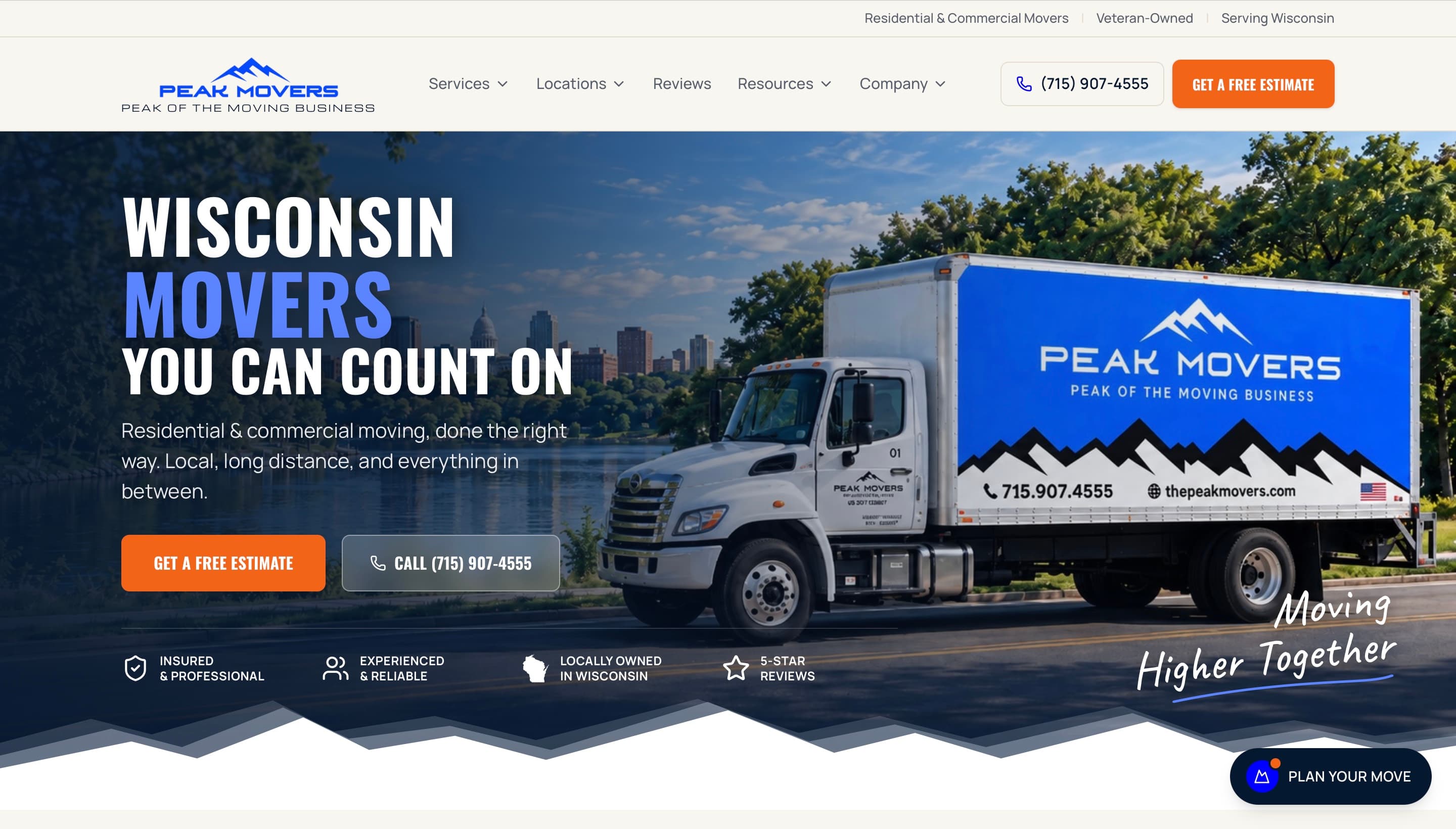 Peak Movers website on desktop, designed and built by Tech Turtle