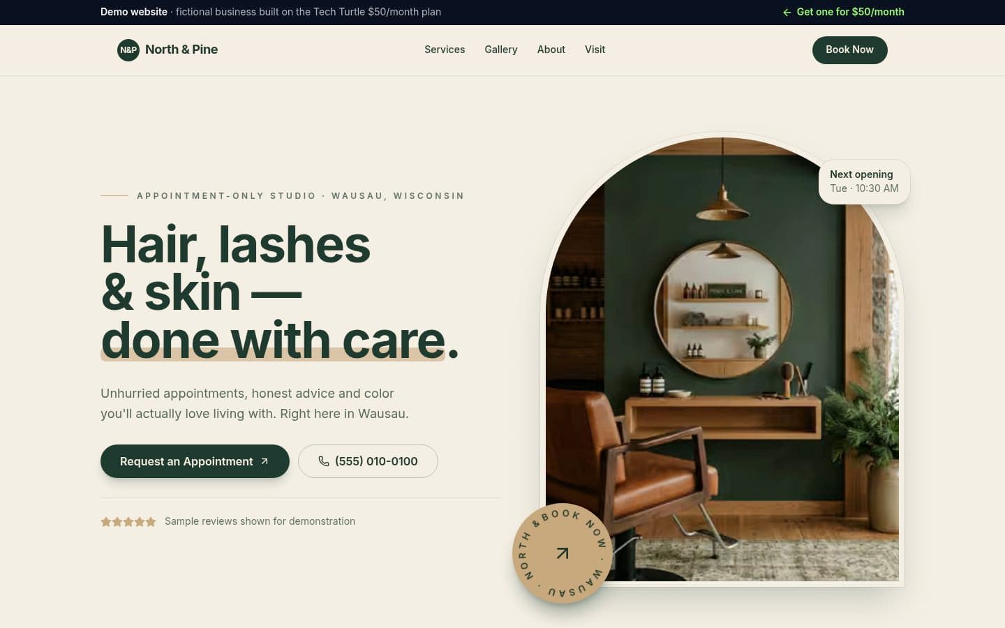 Desktop screenshot of the example website layout included with the $50/month contractor plan