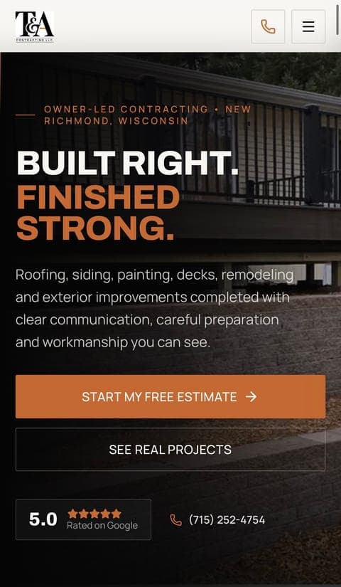T & A Contracting LLC. website on a phone