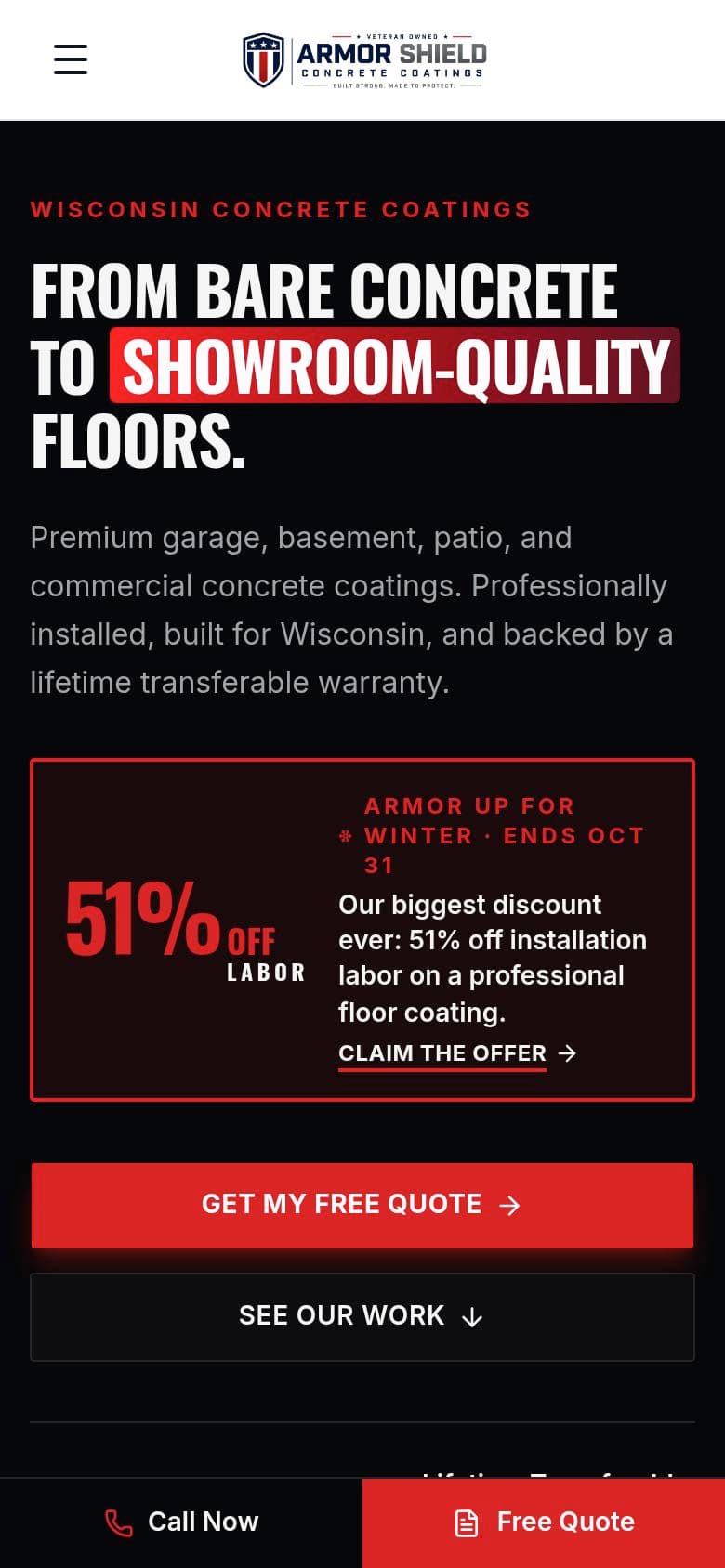 ArmorShield Concrete Coatings website on a phone, with a stacked quote button