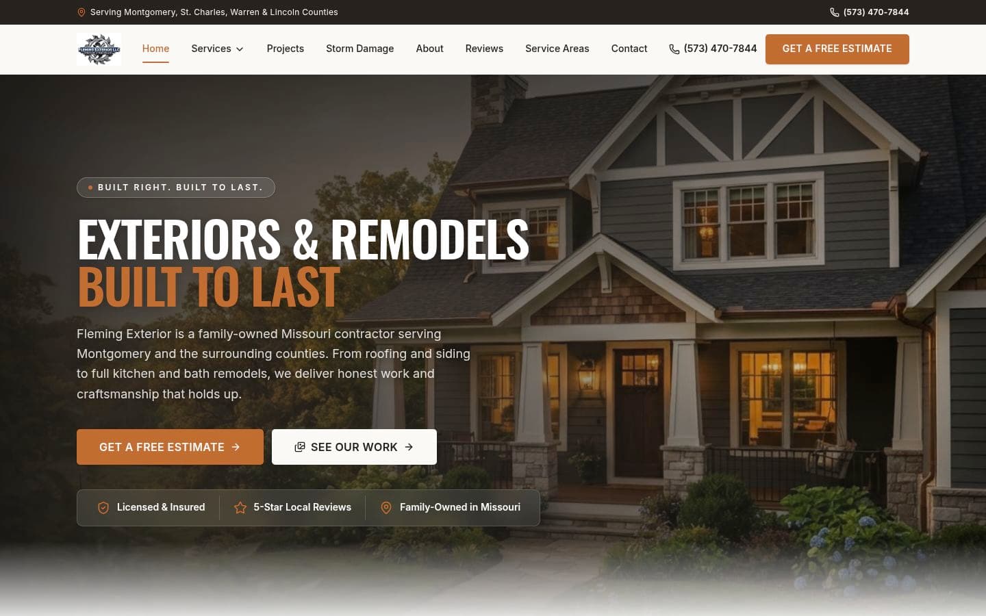 Fleming Exterior website on desktop, with the Exteriors & Remodels Built to Last headline and an estimate button