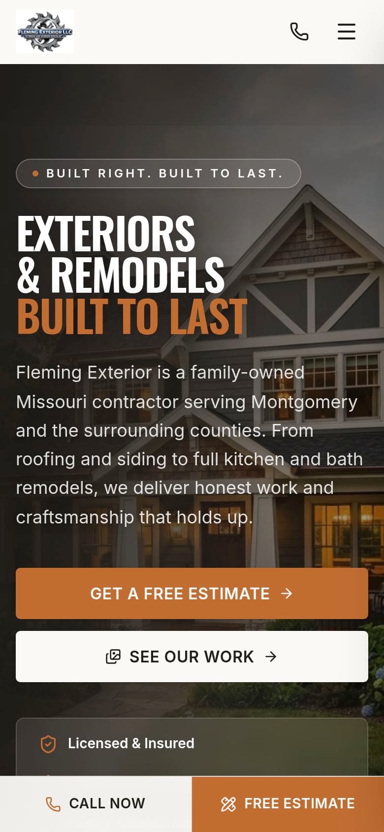 Fleming Exterior website on a phone, with stacked estimate buttons and a Call Now bar