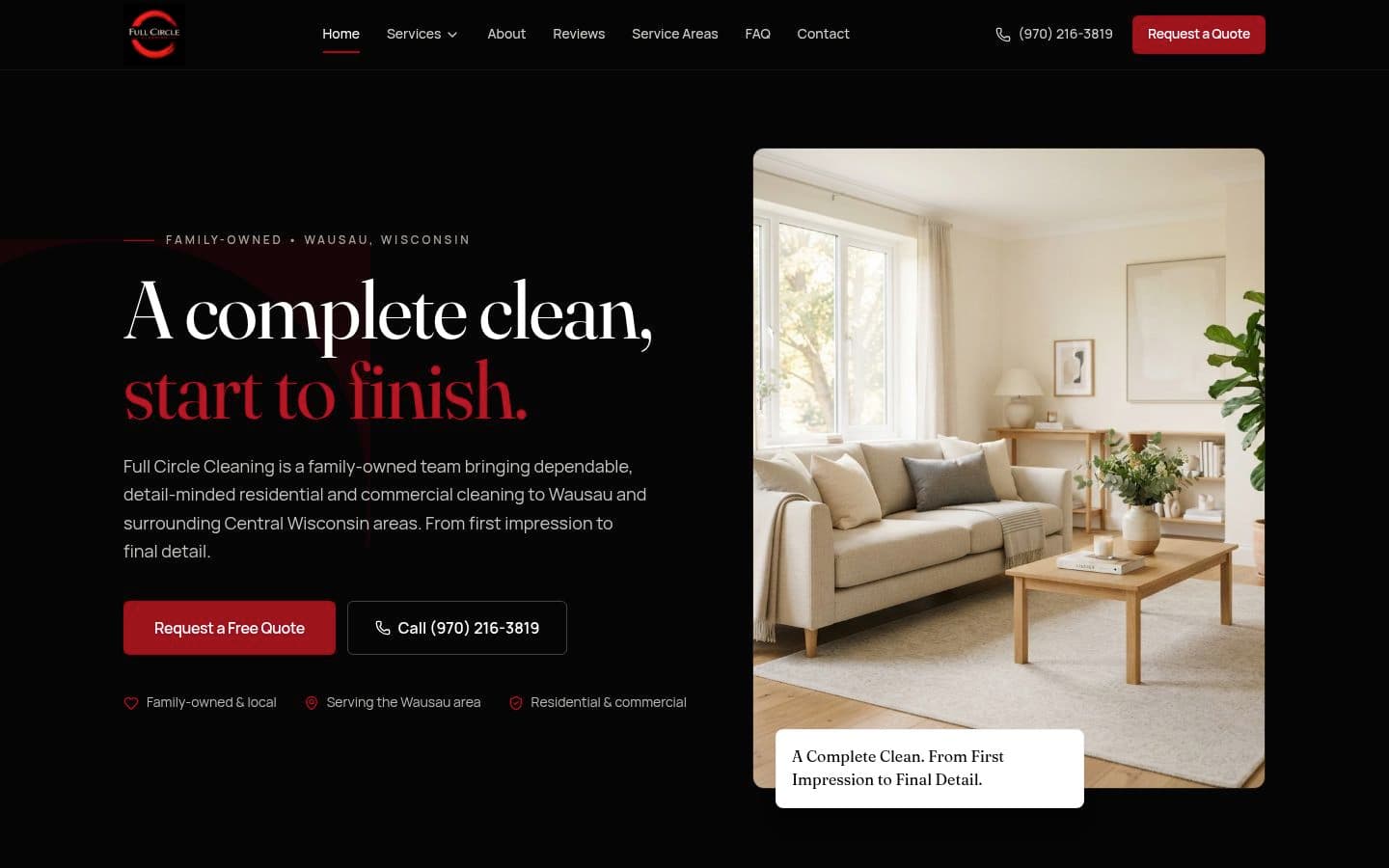Full Circle Cleaning website on desktop, with the Full Circle brand and a request-a-quote button