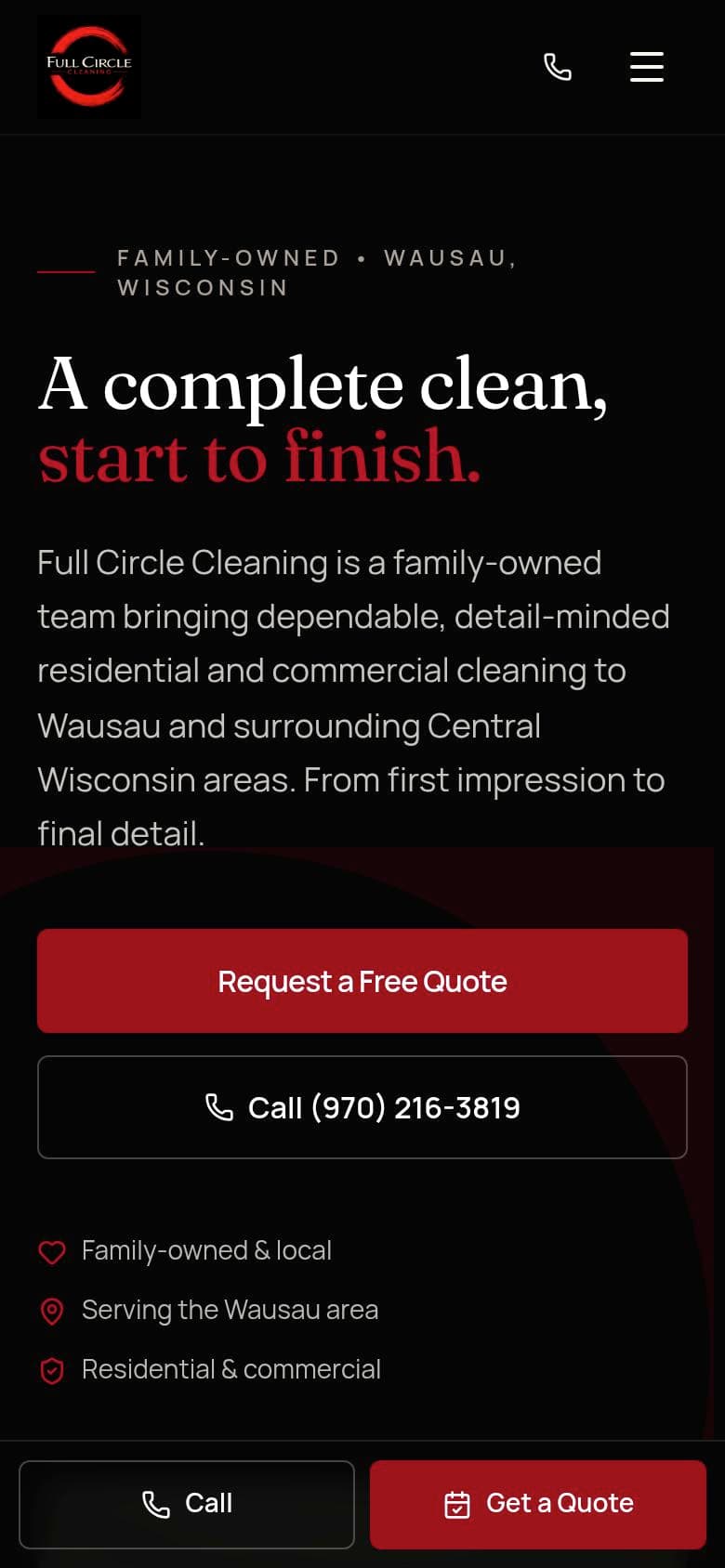 Full Circle Cleaning website on a phone, with quote and call buttons