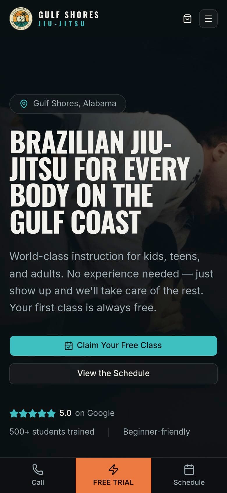 Gulf Shores Brazilian Jiu-Jitsu website on a phone
