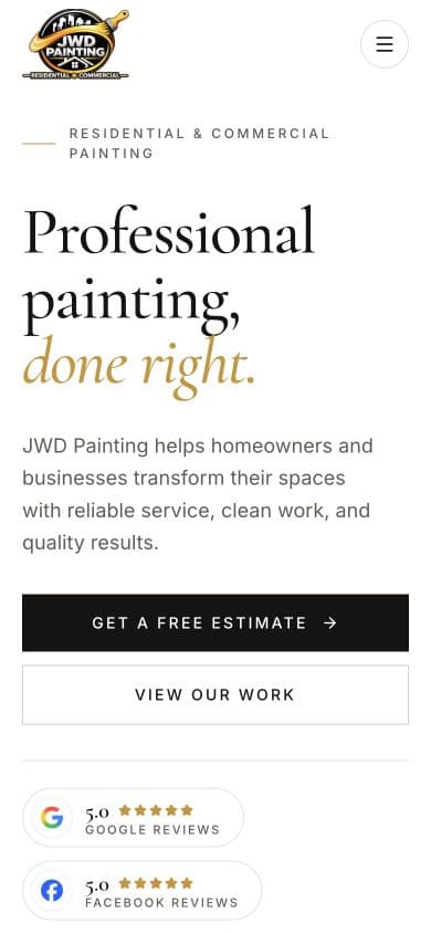 JWD Painting mobile website with a stacked headline and free-estimate and project buttons