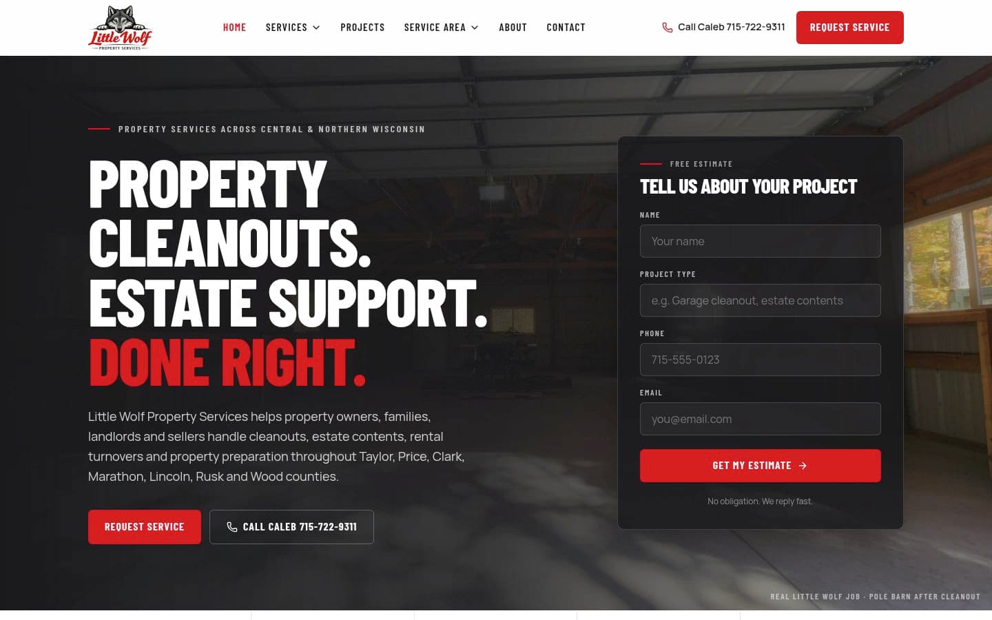 Little Wolf Property Services website on desktop