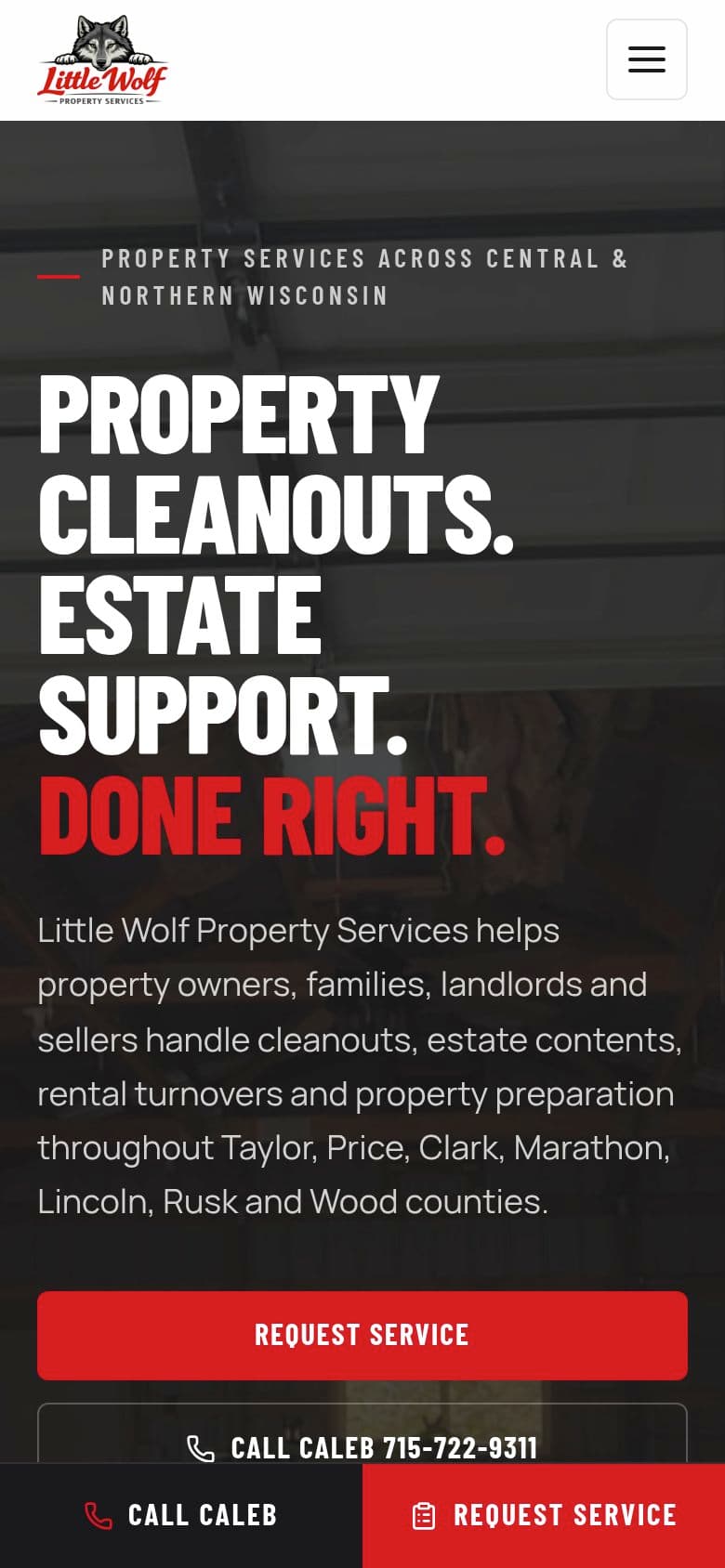 Little Wolf Property Services website on a phone