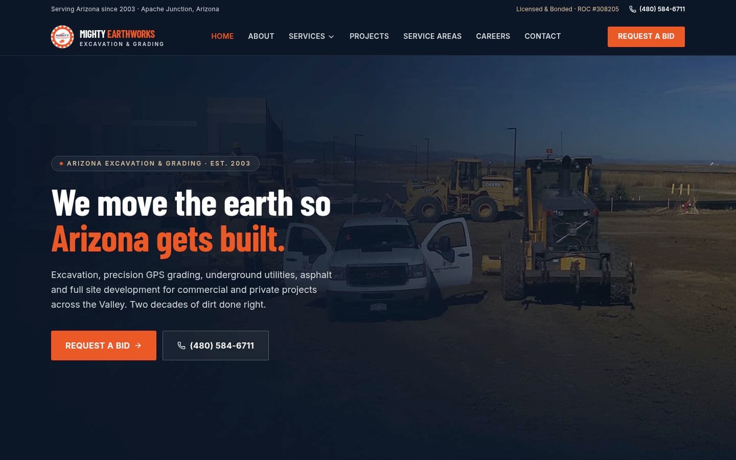Mighty Earthworks website on desktop, with heavy equipment and a request-a-bid button