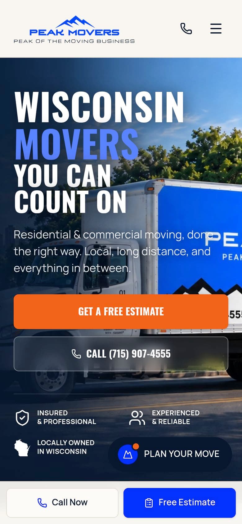 Peak Movers website on a phone