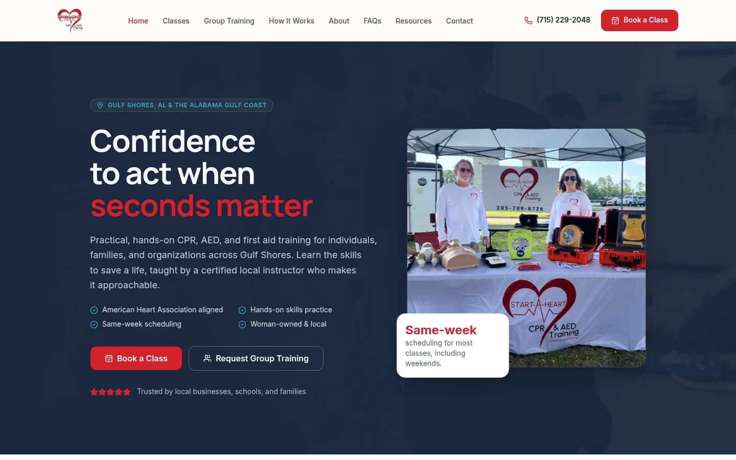 Start-A-Heart CPR & AED Training Center website on desktop