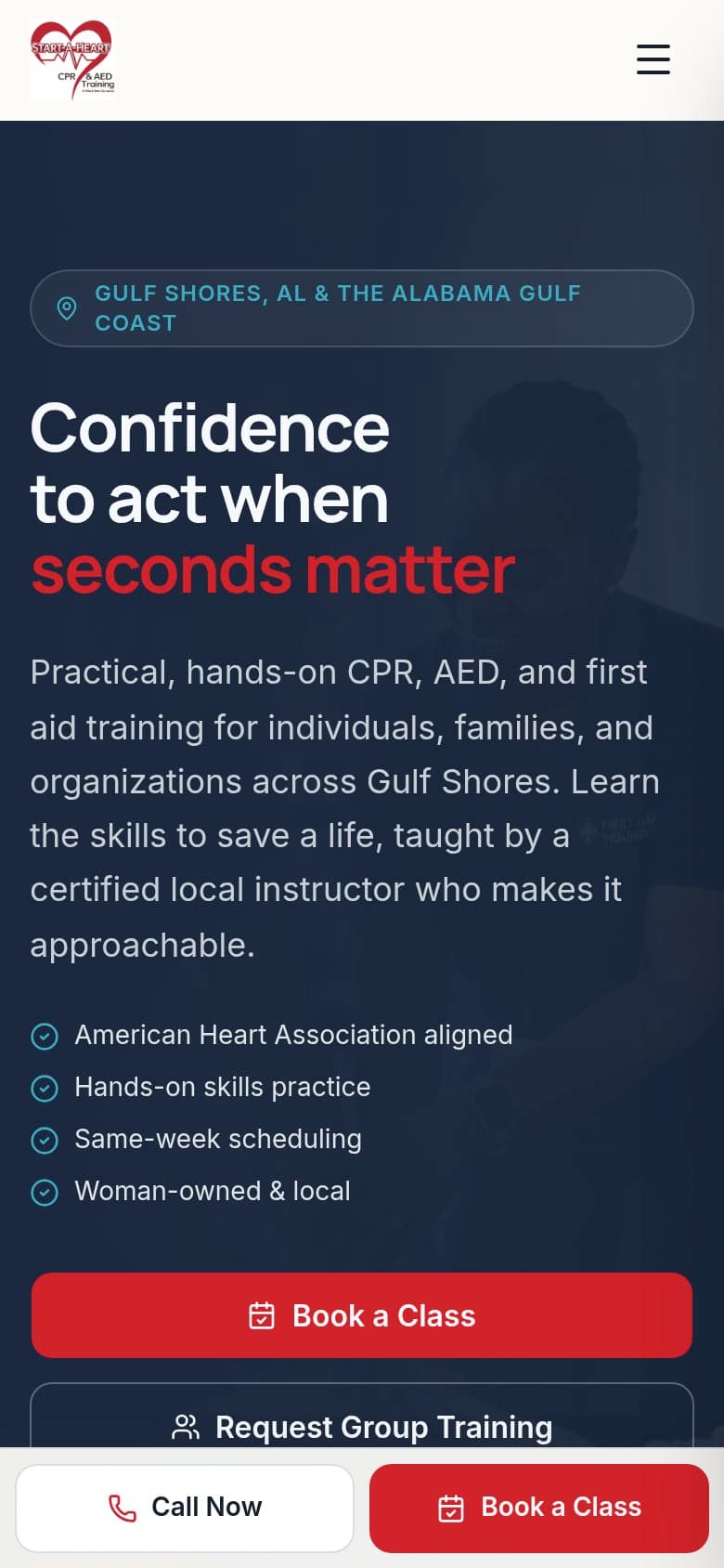Start-A-Heart CPR & AED Training Center website on a phone