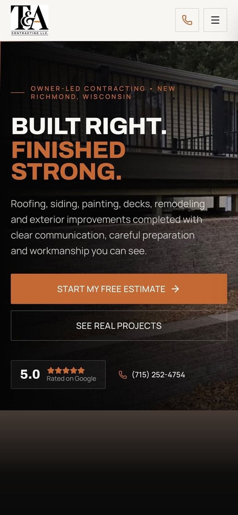 T & A Contracting website on a phone
