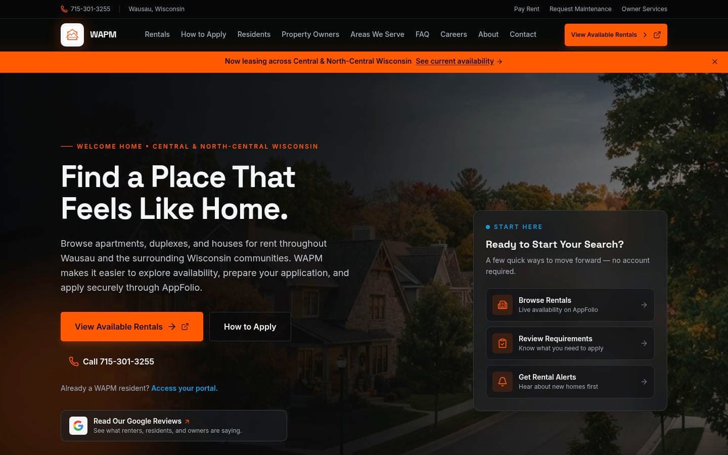 Wausau Area Property Management website on desktop, with separate paths for owners and tenants