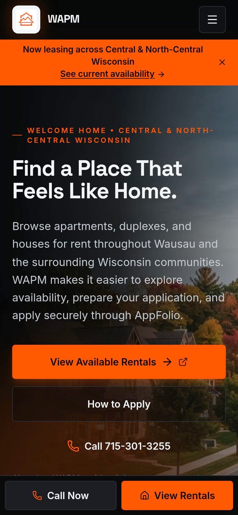 Wausau Area Property Management website on a phone