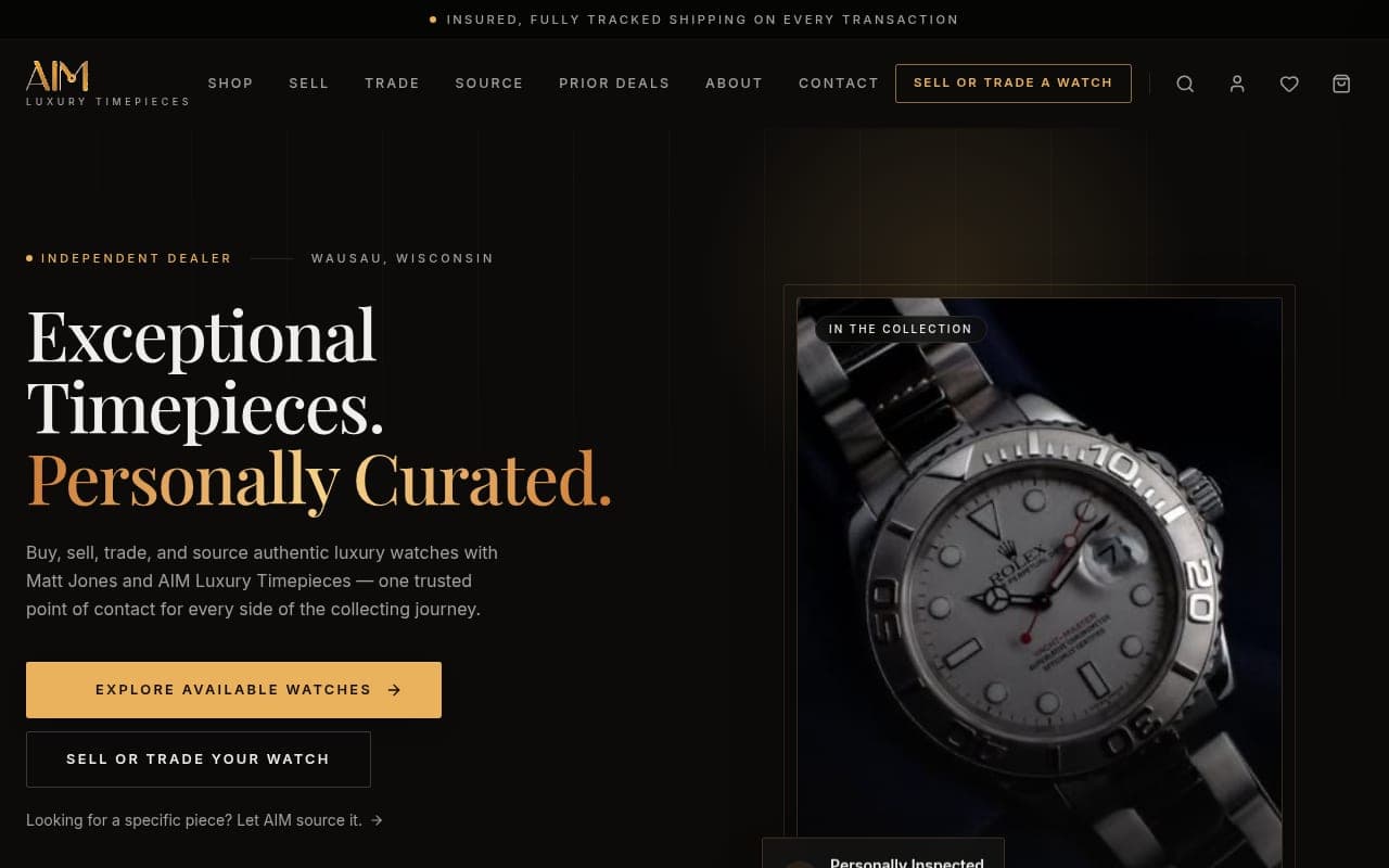 Screenshot of the AIM Luxury Timepieces website designed by Tech Turtle