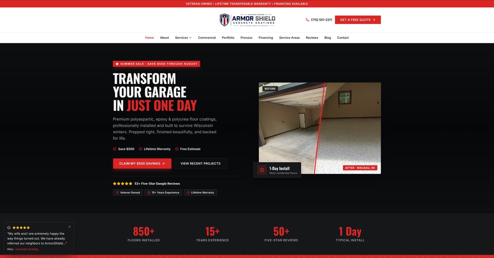 Screenshot of the ArmorShield Concrete Coatings website designed by Tech Turtle