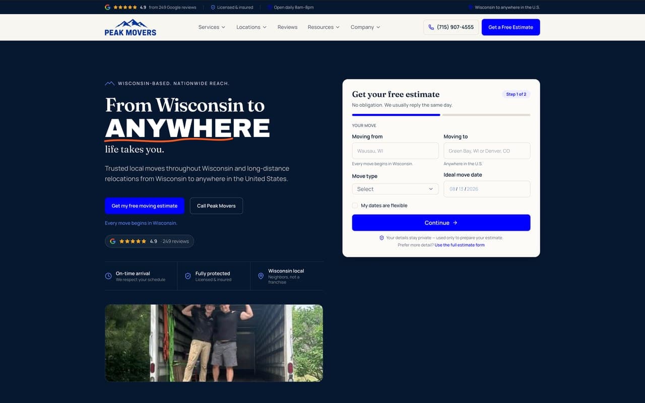Screenshot of the Peak Movers website built by Tech Turtle
