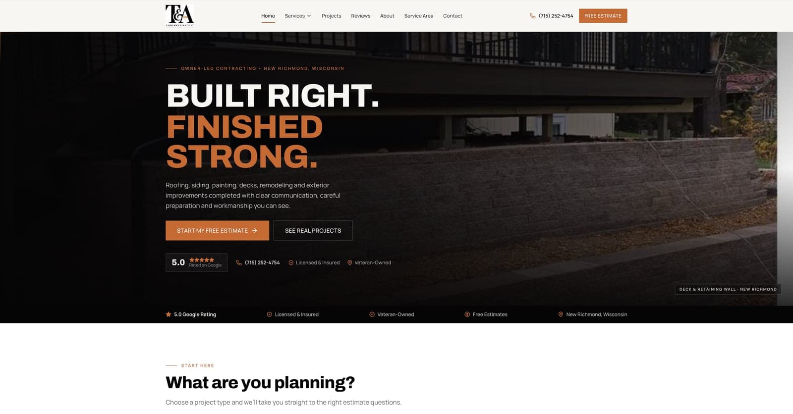 Screenshot of the T & A Contracting LLC. website designed by Tech Turtle