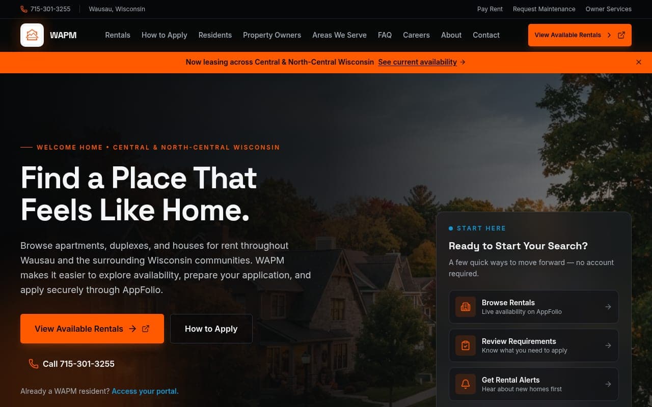 The Wausau Area Property Management website built by Tech Turtle