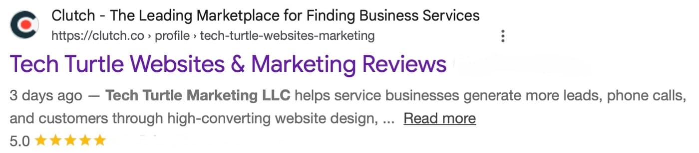 Google search result showing the Tech Turtle Websites & Marketing profile on Clutch with a 5.0 rating and five stars
