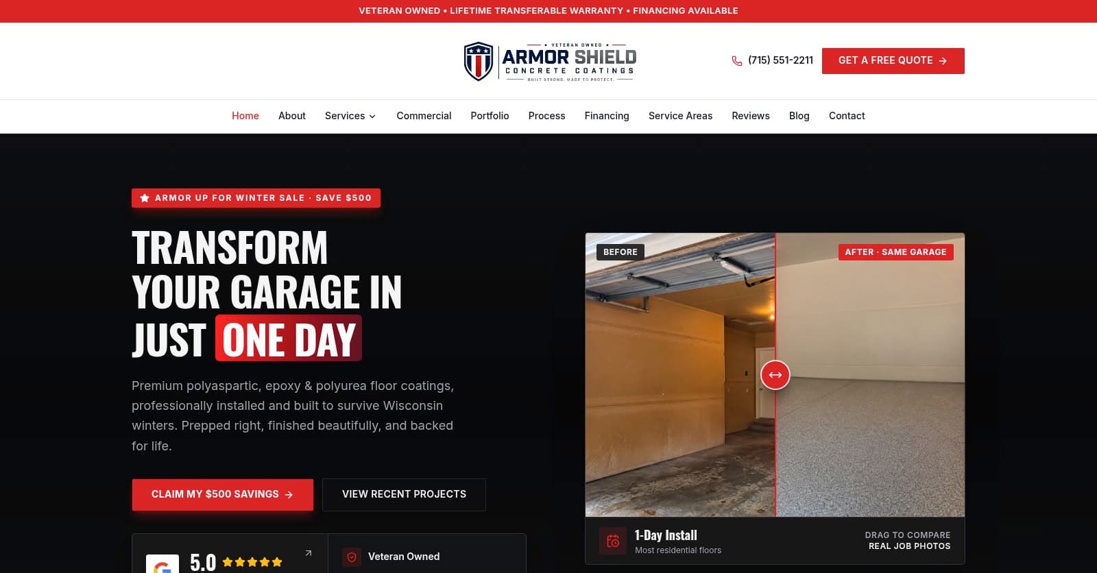 ArmorShield Concrete Coatings homepage, a custom website designed and built by Tech Turtle