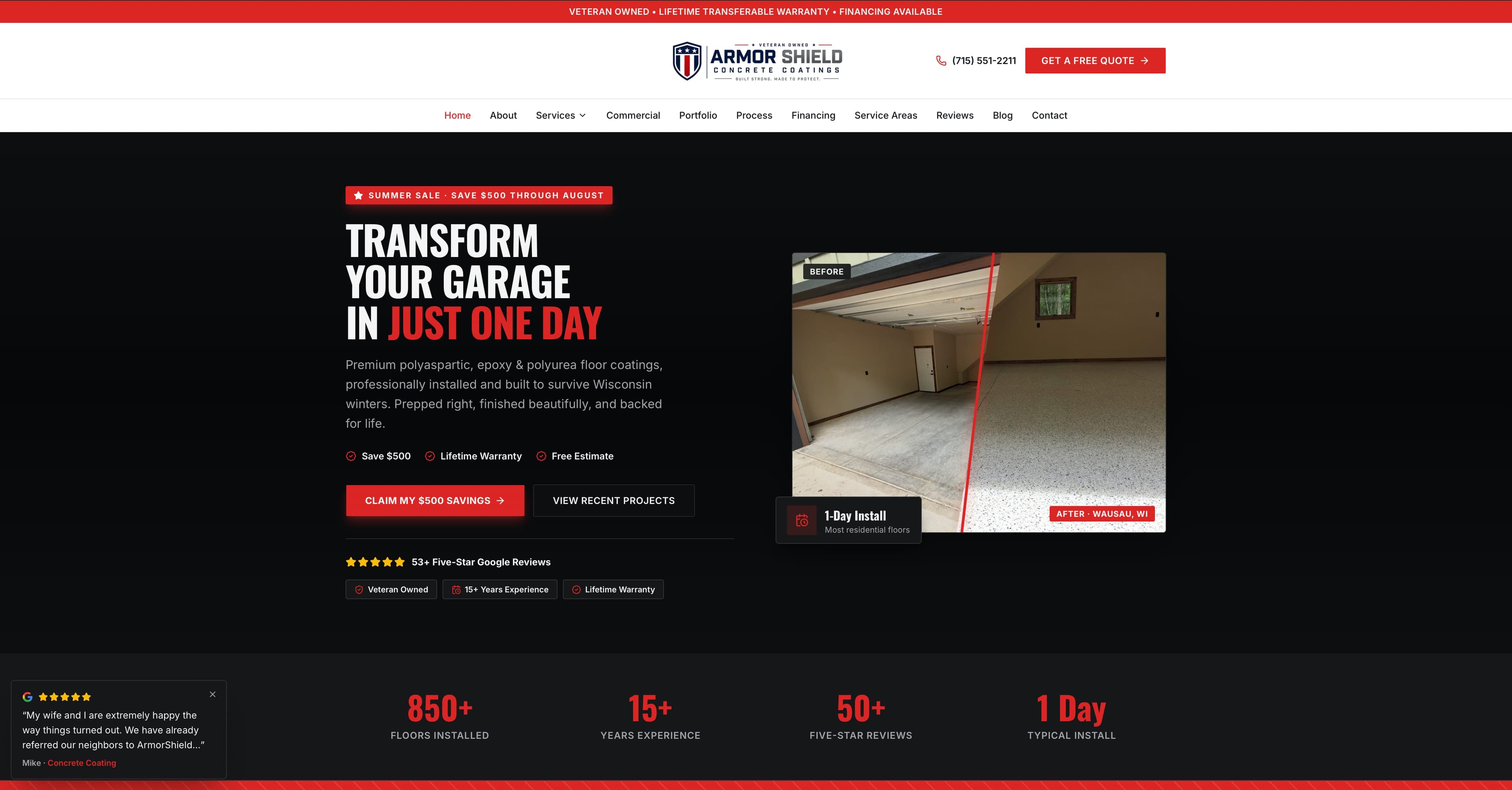 ArmorShield Concrete Coatings website after the Tech Turtle rebuild