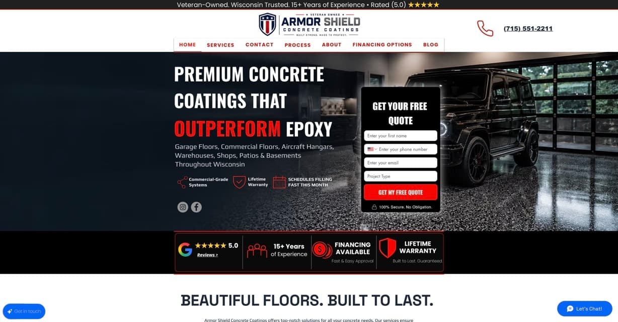 ArmorShield Concrete Coatings website before, on its old platform