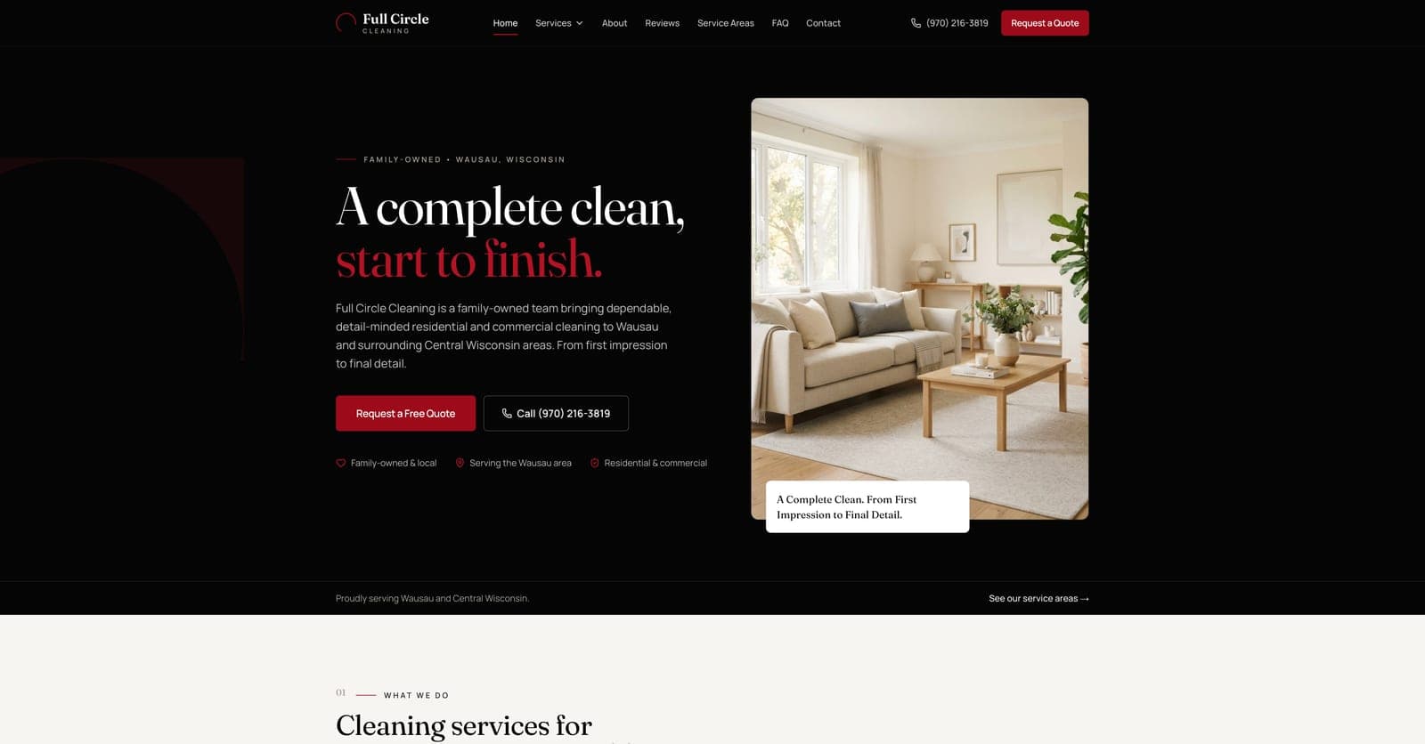 Full Circle Cleaning custom desktop website with residential and commercial cleaning messaging, designed by Tech Turtle