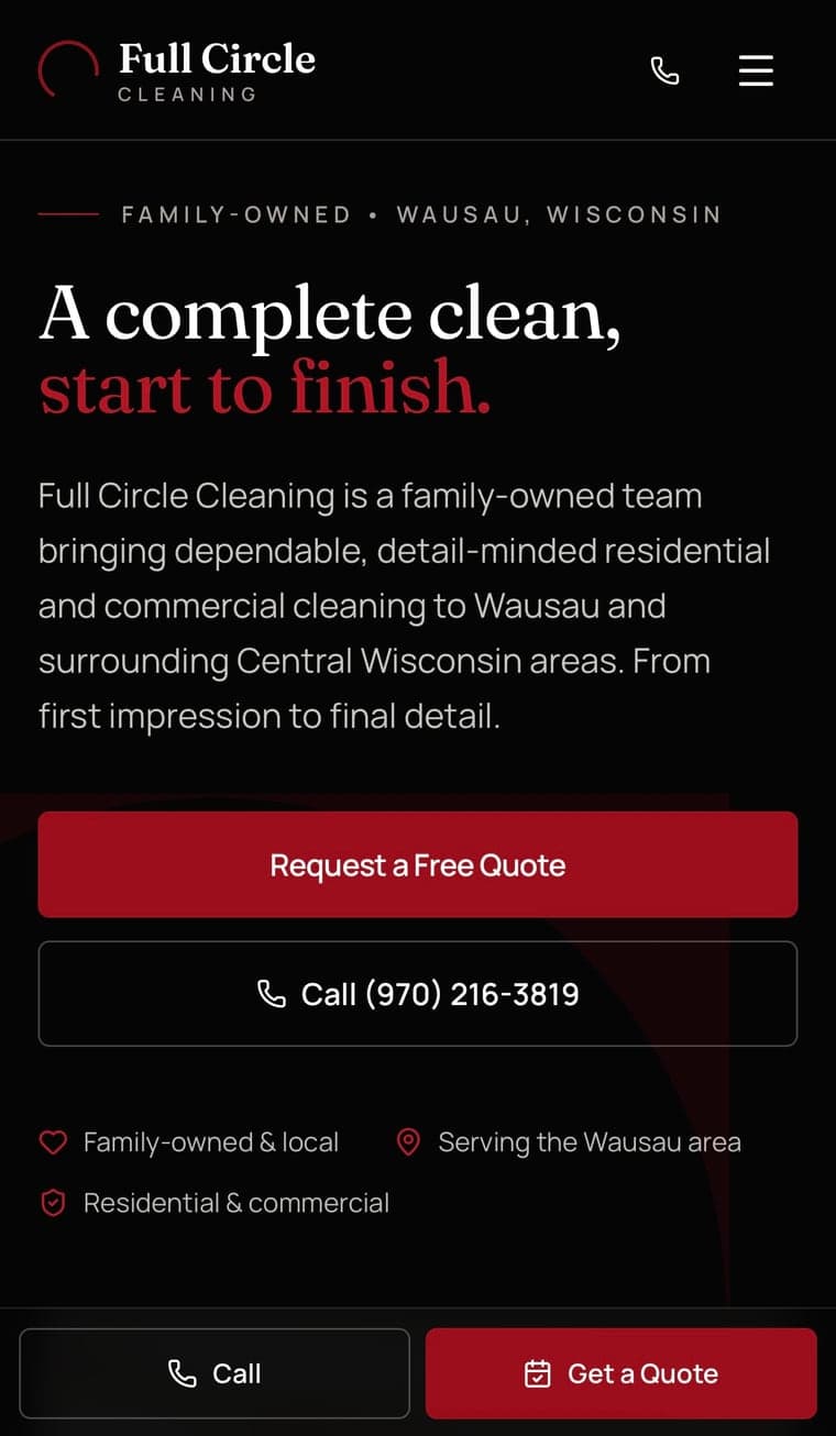 Full Circle Cleaning responsive mobile website with quote and call actions, designed by Tech Turtle