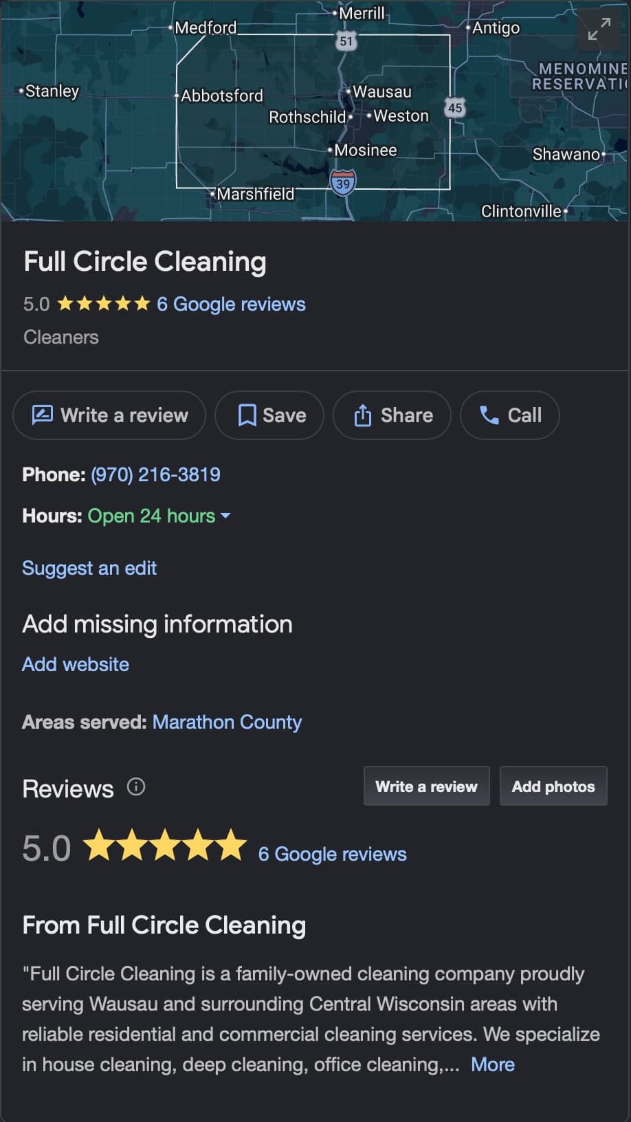 Full Circle Cleaning Google Business Profile showing a 5.0 rating, six Google reviews and no connected website