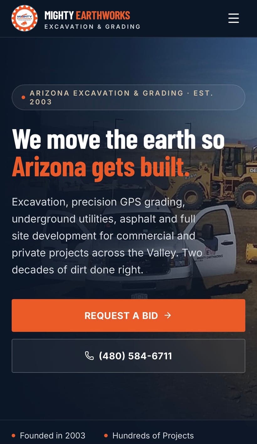 New responsive Mighty Earthworks mobile website designed by Tech Turtle