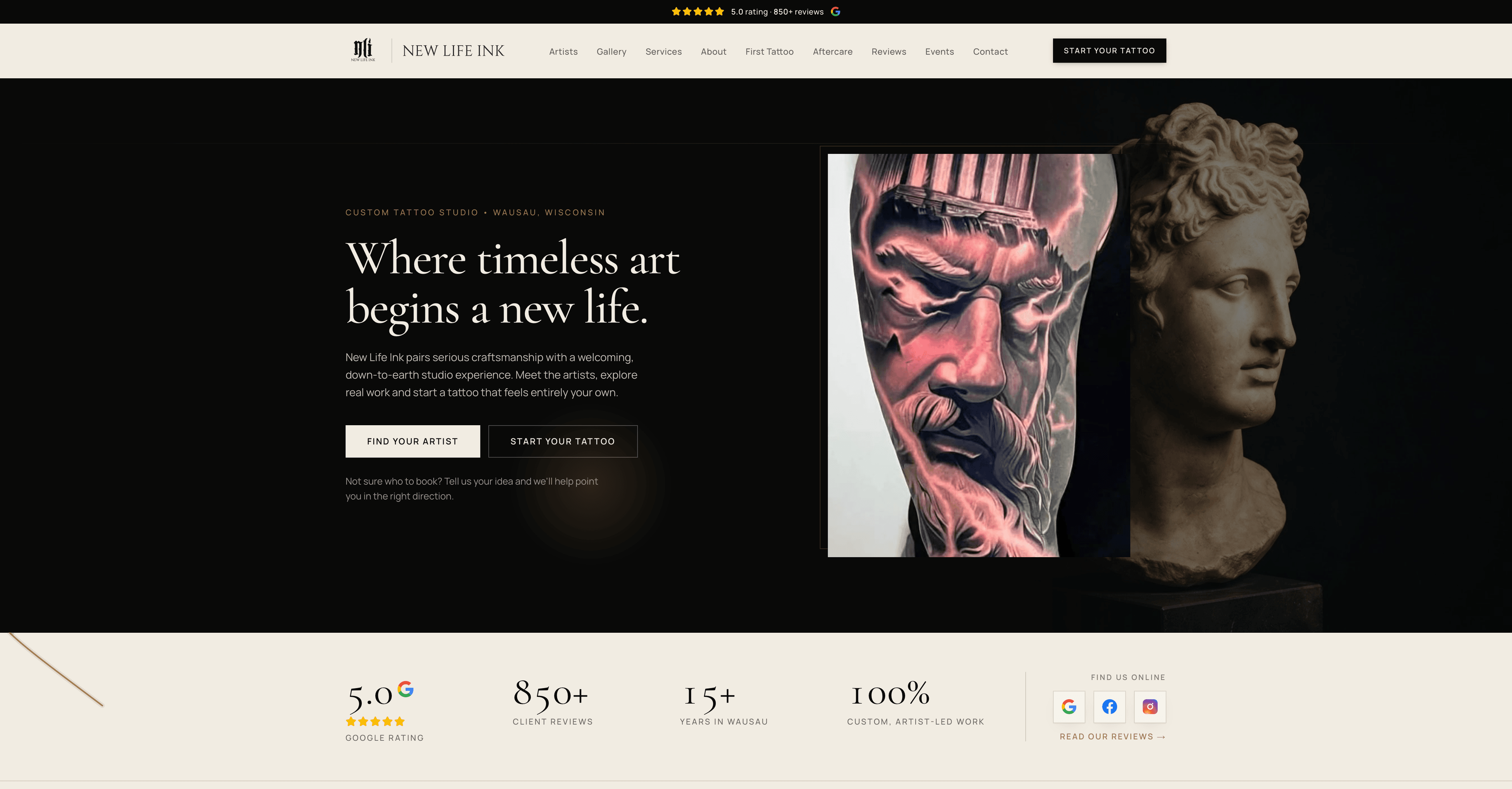 Screenshot of the New Life Ink website designed by Tech Turtle