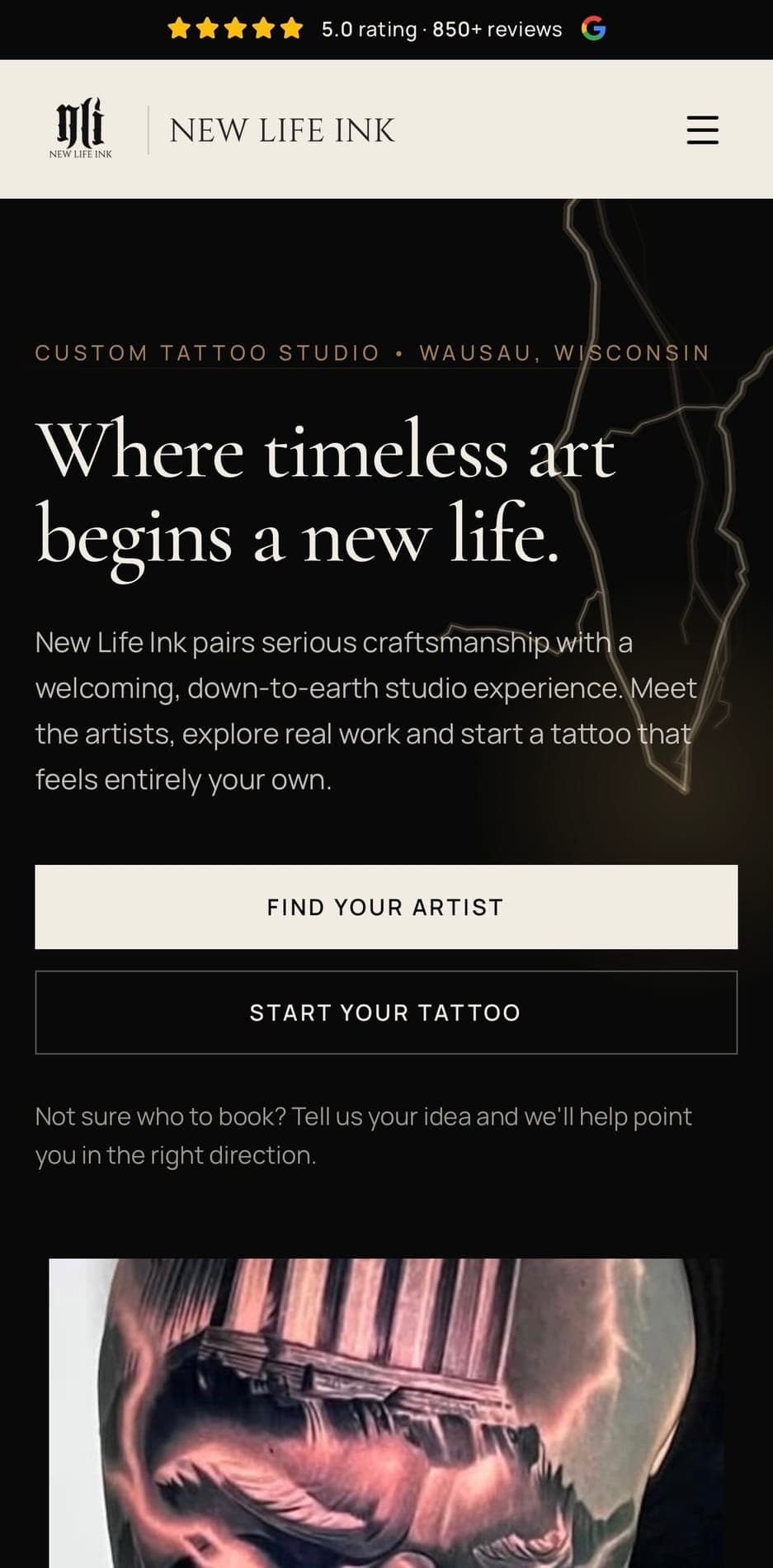 New Life Ink responsive mobile website by Tech Turtle with rating proof and tattoo inquiry actions — after