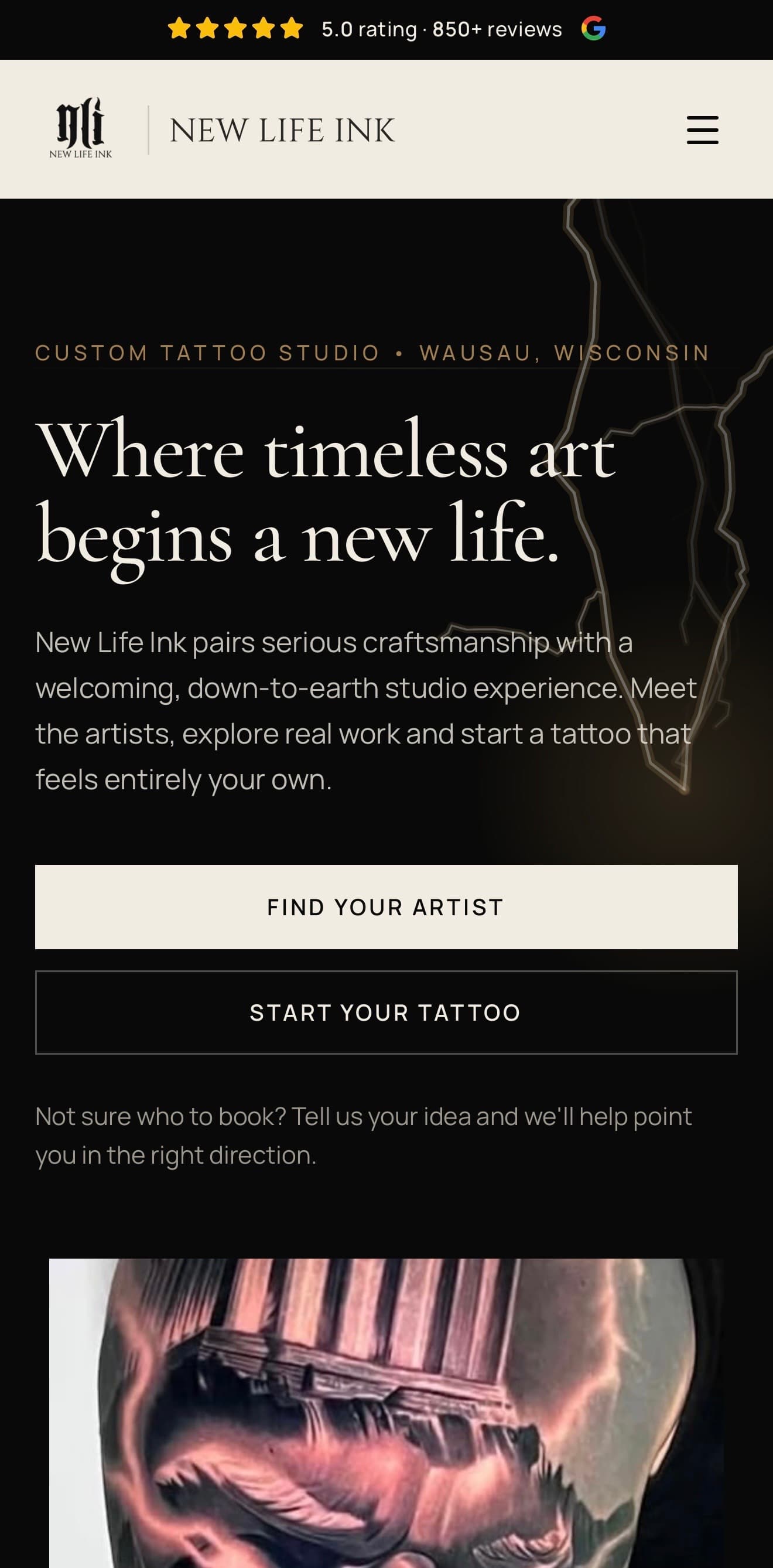 New Life Ink responsive mobile website by Tech Turtle with rating proof and tattoo inquiry actions — after