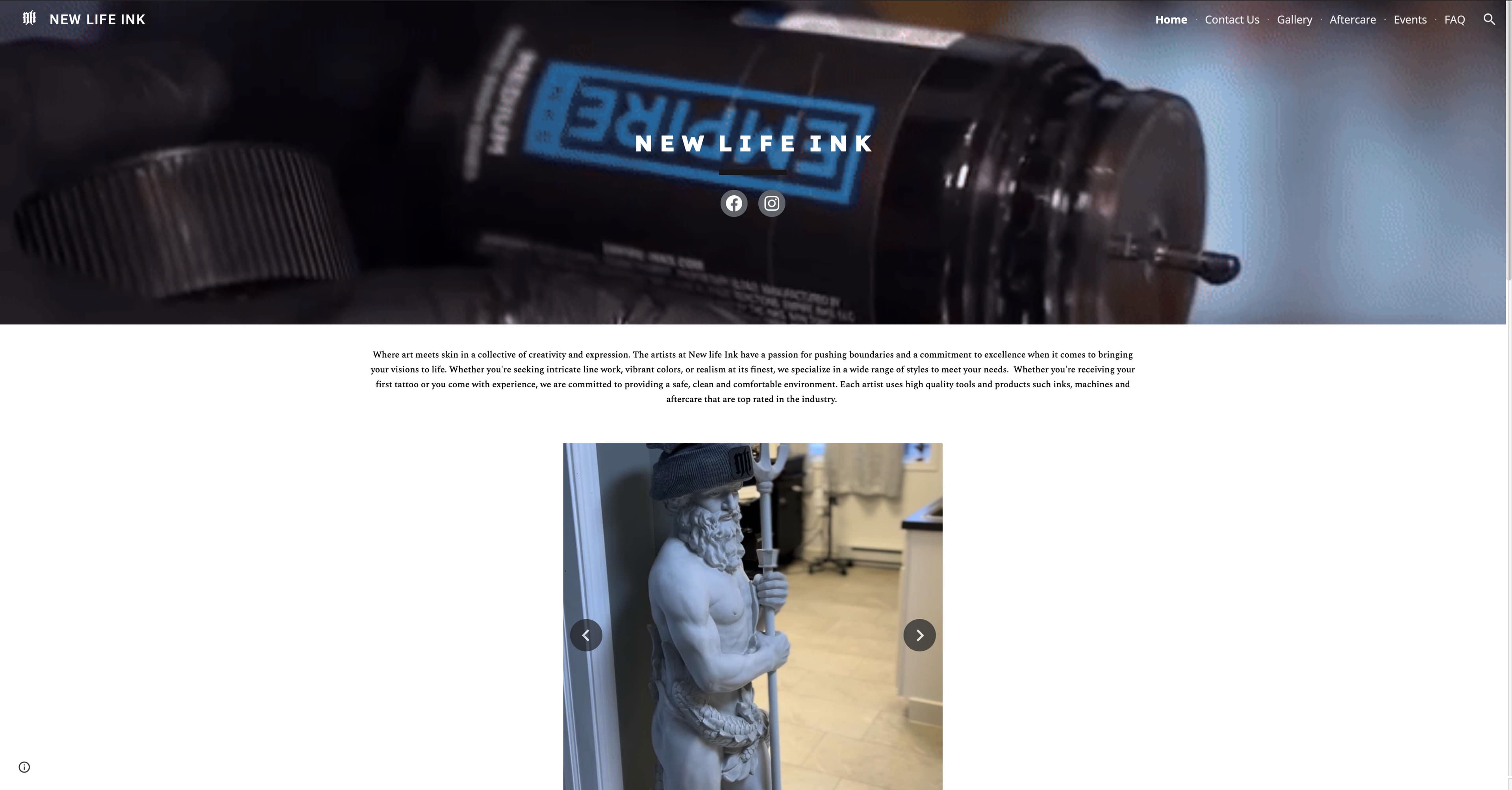 New Life Ink former desktop website — a full-width video hero, small navigation and a dense centered introduction — before the Tech Turtle rebuild