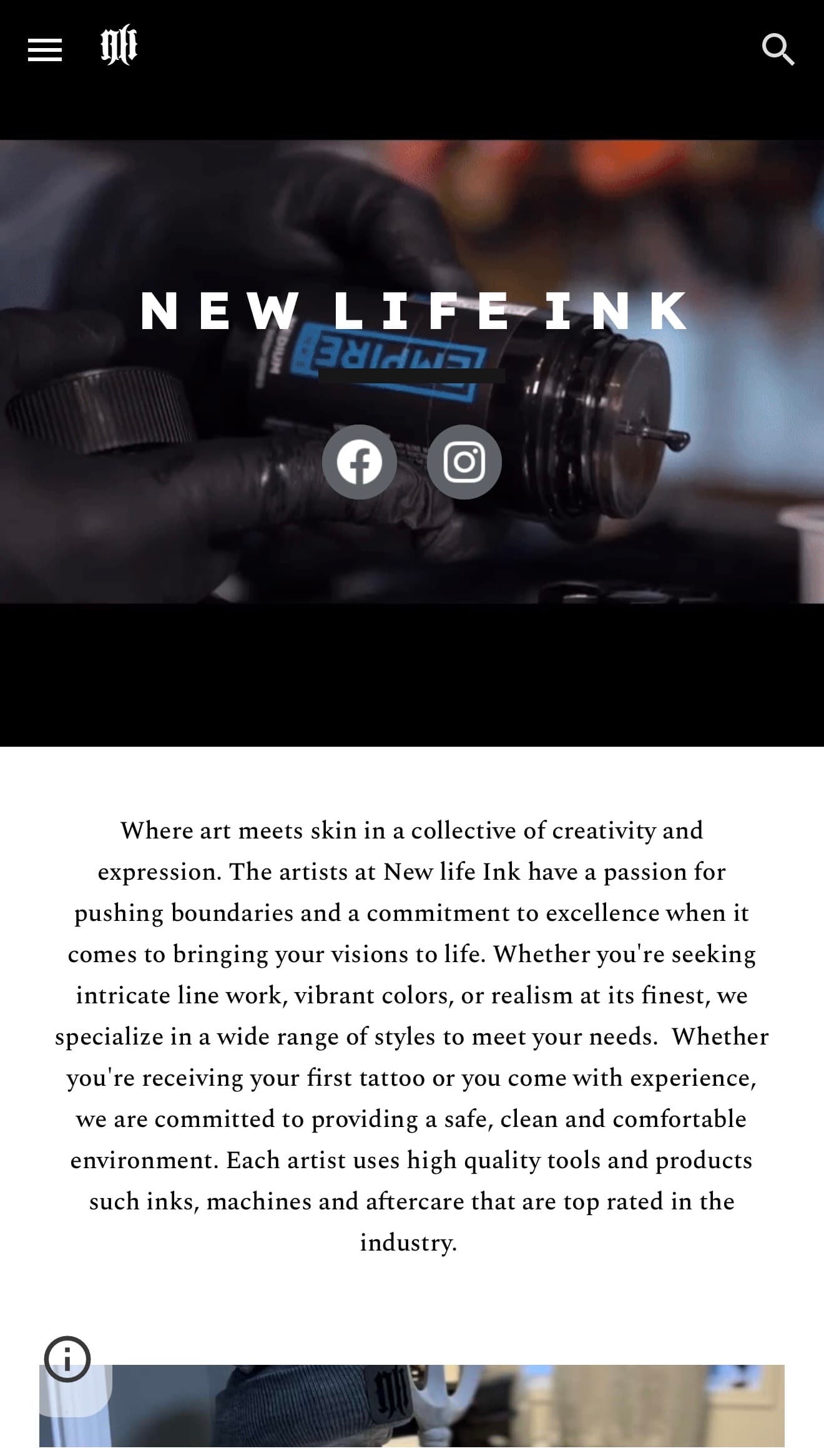 New Life Ink former mobile website — monogram, video hero, social icons and a dense paragraph — before the Tech Turtle rebuild