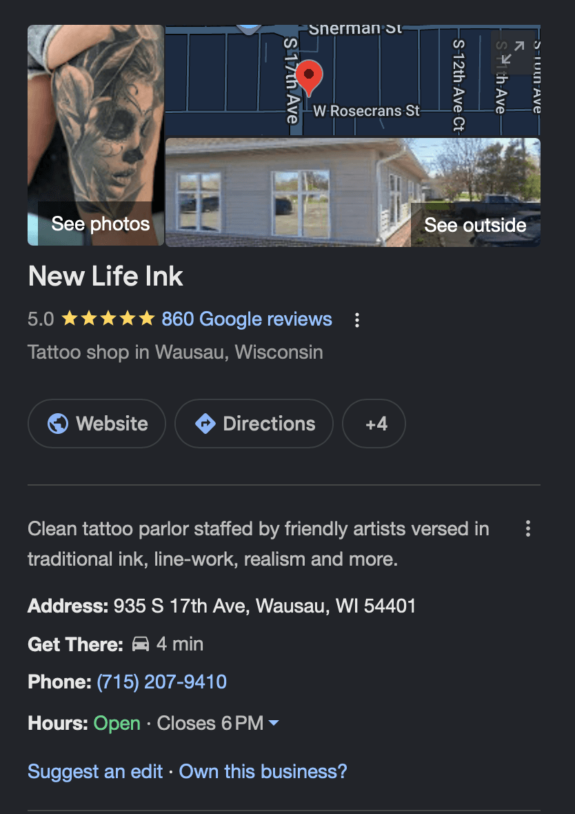 New Life Ink Google Business Profile showing a 5.0 rating, 860 Google reviews at the time of capture, and its Wausau, Wisconsin address and phone