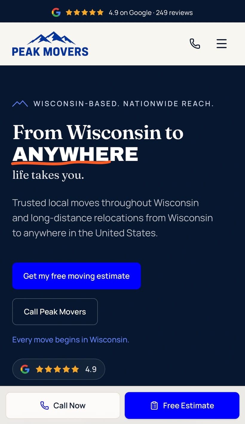 New responsive Peak Movers mobile website designed by Tech Turtle
