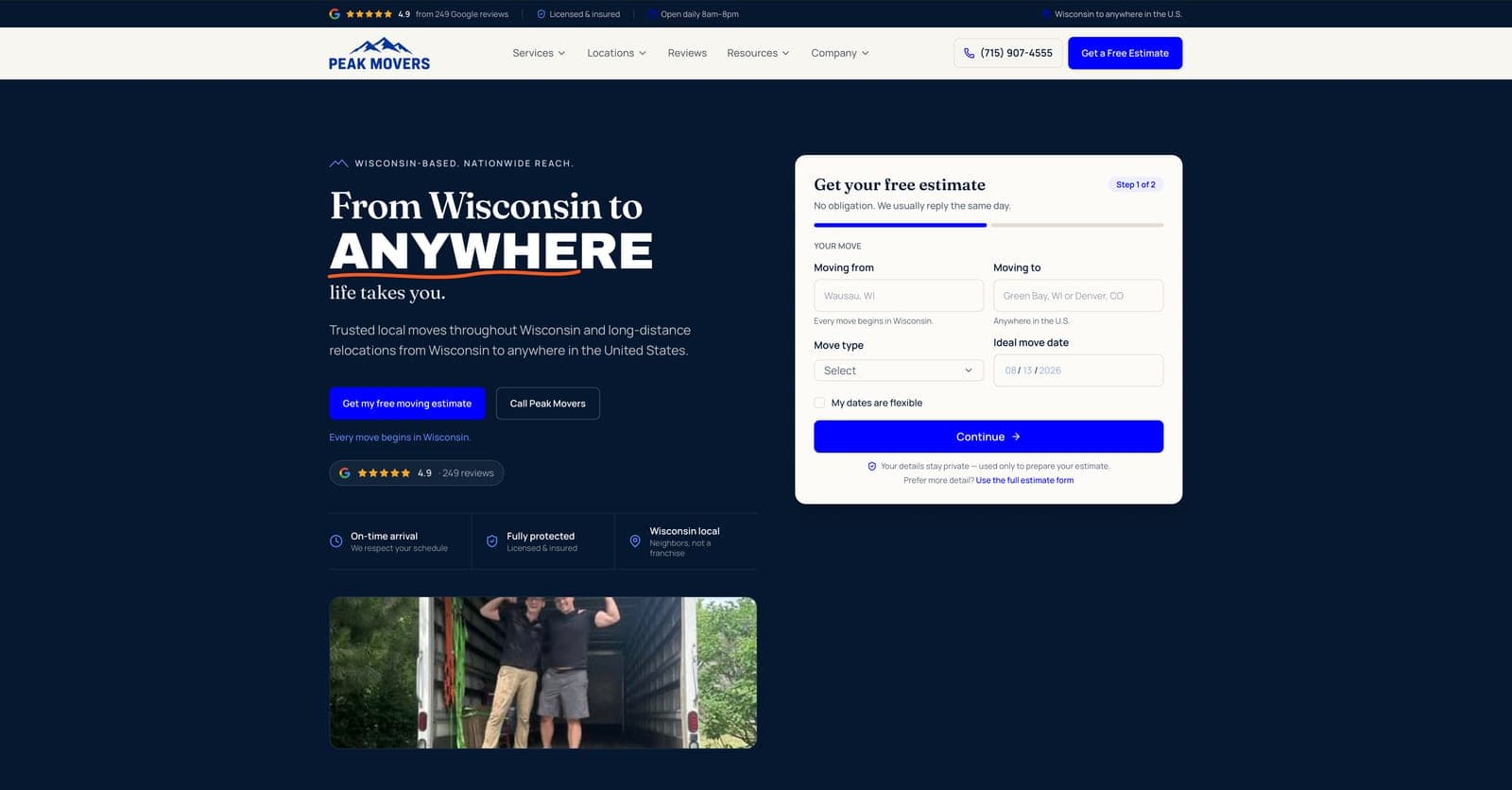 Peak Movers website after the Tech Turtle rebuild