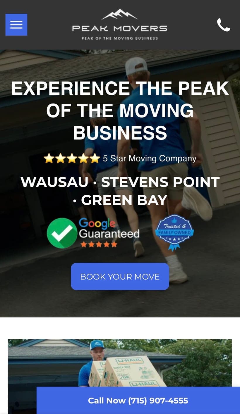 Original Peak Movers mobile website, before the Tech Turtle rebuild