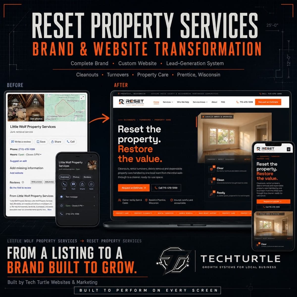 RESET Property Services brand and website transformation by Tech Turtle, showing Little Wolf Property Services before and RESET Property Services after