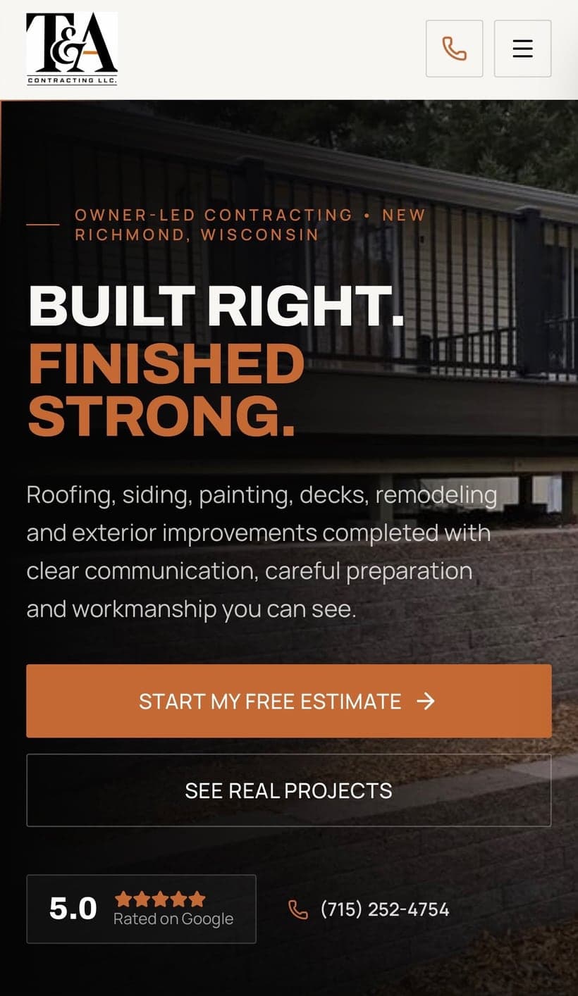 New responsive T & A Contracting mobile website designed by Tech Turtle
