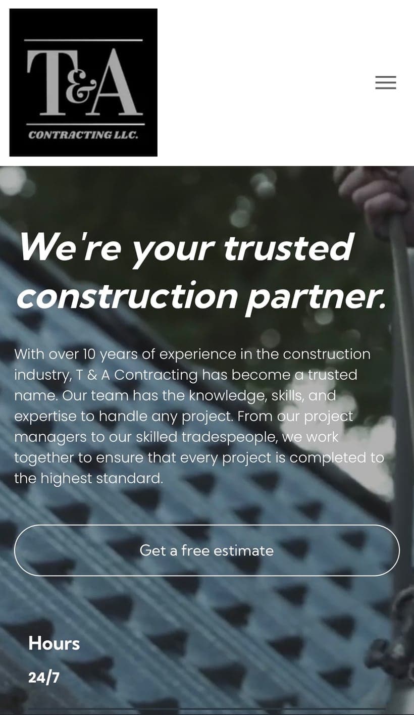 Original T & A Contracting mobile website before the redesign