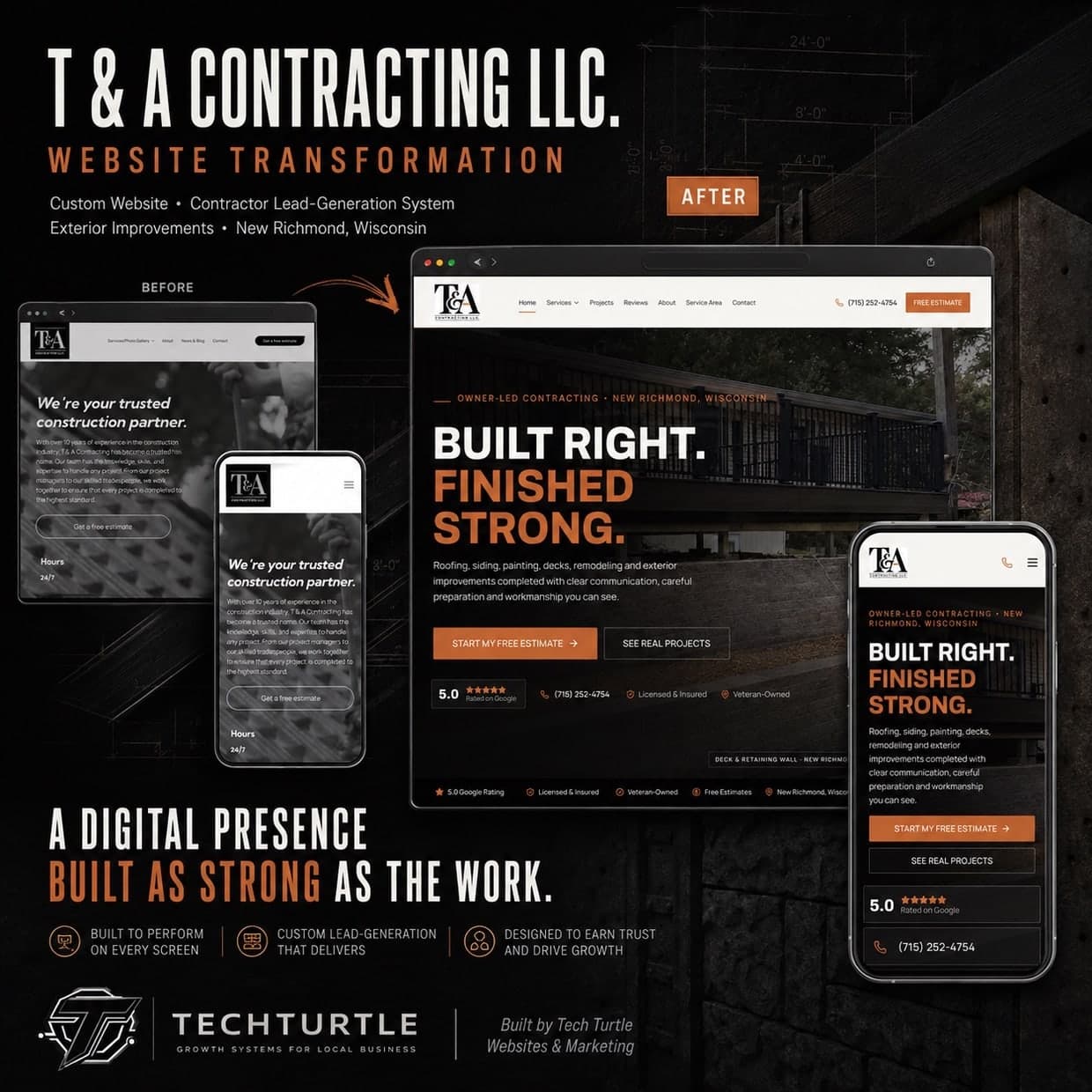 Before-and-after graphic of the T & A Contracting website transformation by Tech Turtle