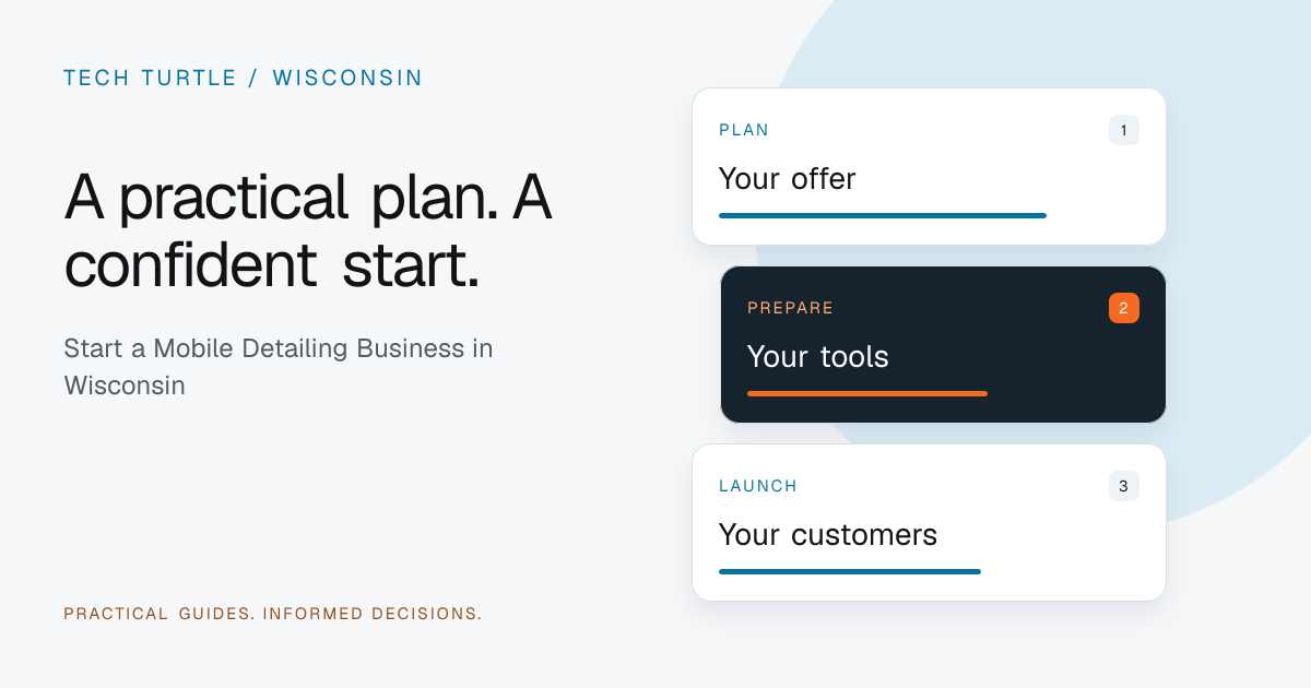 Original Tech Turtle planning illustration for start a mobile detailing business in wisconsin