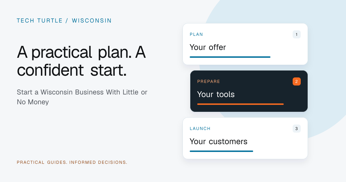 Original Tech Turtle planning illustration for start a wisconsin business with little or no money